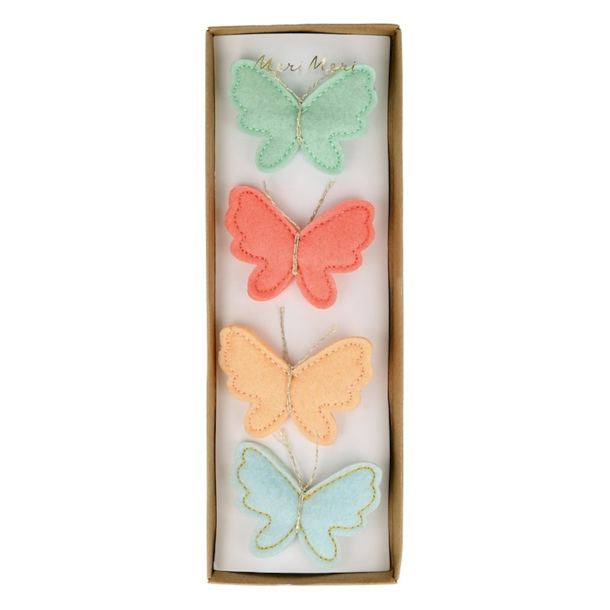 Set of four Meri Meri felt butterfly hair clips in pastel green, coral, peach, and blue with gold embroidery in a gift box.