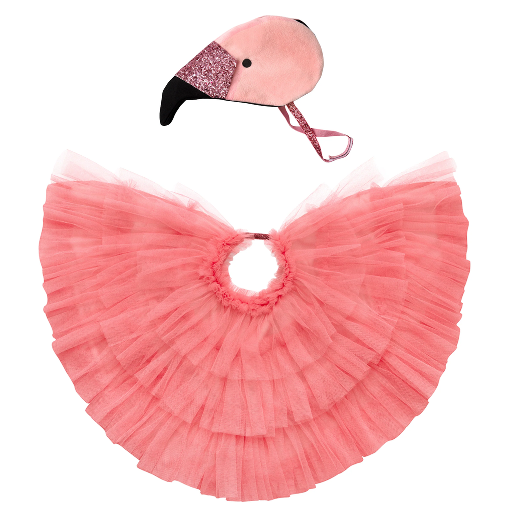 Pink tulle ruffled cape with a matching flamingo hat featuring a black beak, glittery pink band, and fabric eye. Fun, playful costume set.
