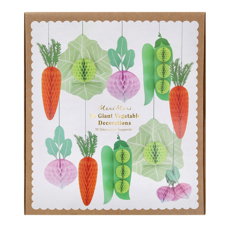 Meri Meri packaging for 10 giant vegetable honeycomb decorations, featuring carrots, peas, and radishes.