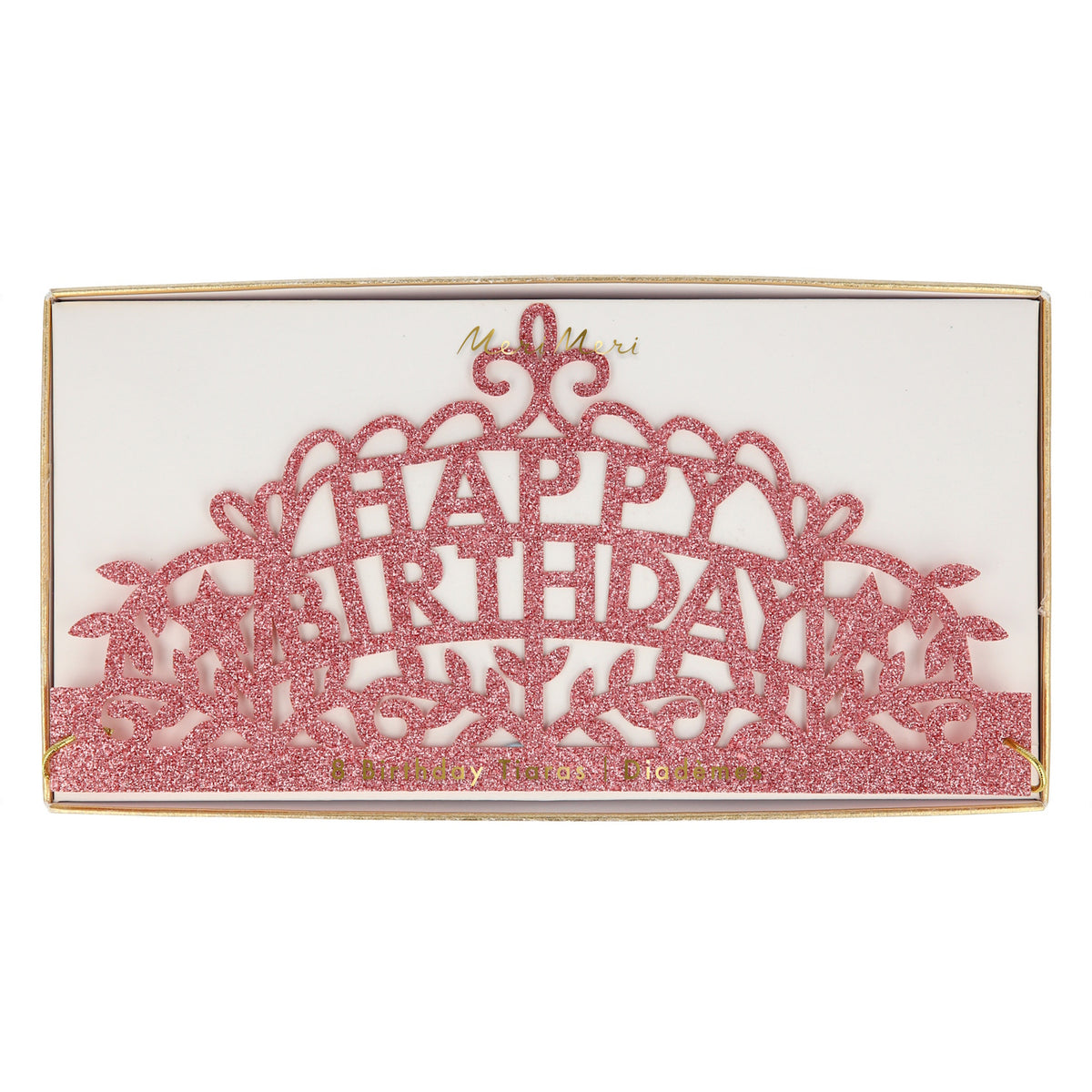 Pink glitter Happy Birthday party tiara in packaging with intricate filigree details for birthday celebrations.