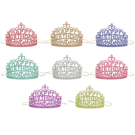 Eight colorful glittery Meri Meri Happy Birthday party tiaras in various shades with elastic chin straps.