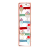 Set of 6 Meri Meri ice cream hair clips in a gift box, featuring glittery cones and velvet-covered alligator clips.