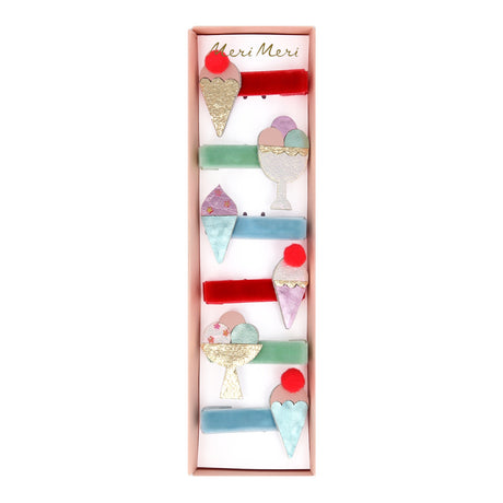 Set of 6 Meri Meri ice cream hair clips in a gift box, featuring glittery cones and velvet-covered alligator clips.