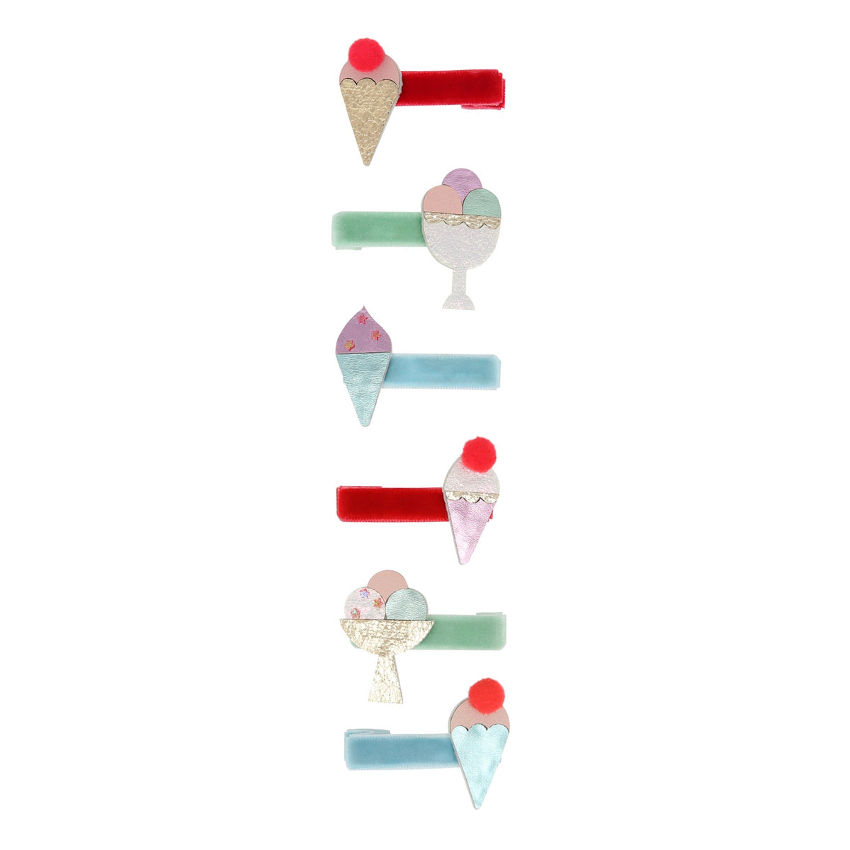 Meri Meri set of 6 ice cream hair clips with velvet ribbons, pom-poms, and glittery cone and sundae designs for kids.