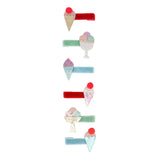Meri Meri set of 6 ice cream hair clips with velvet ribbons, pom-poms, and glittery cone and sundae designs for kids.