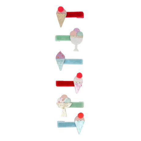 Meri Meri set of 6 ice cream hair clips with velvet ribbons, pom-poms, and glittery cone and sundae designs for kids.