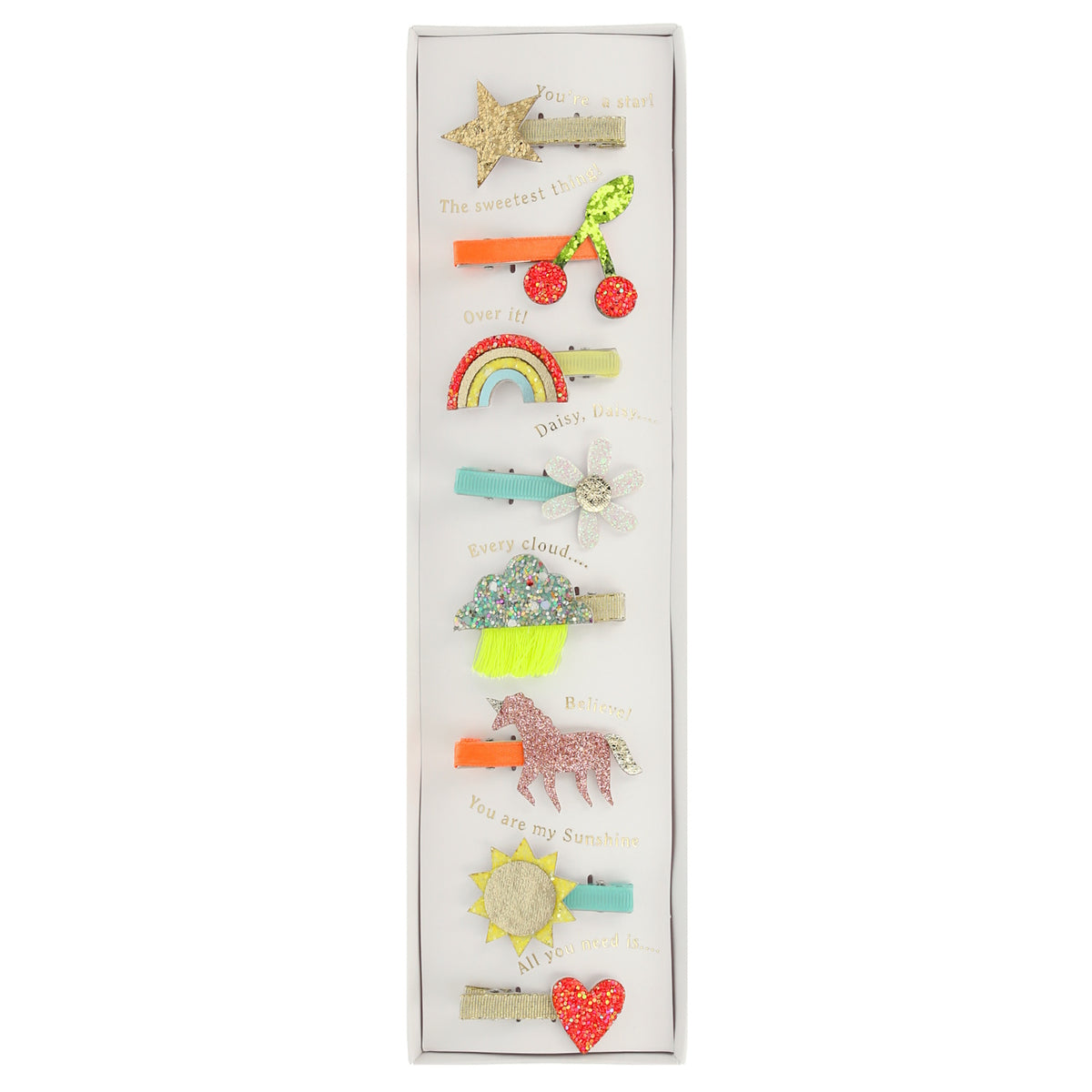 Set of 8 Meri Meri glitter hair clips including star, cherry, rainbow, daisy, cloud, unicorn, sun, and heart icons.