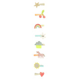 Set of 8 glittery Meri Meri icon hair clips featuring a star, rainbow, unicorn, and heart on a white background.