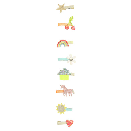 Set of 8 glittery Meri Meri icon hair clips featuring a star, rainbow, unicorn, and heart on a white background.