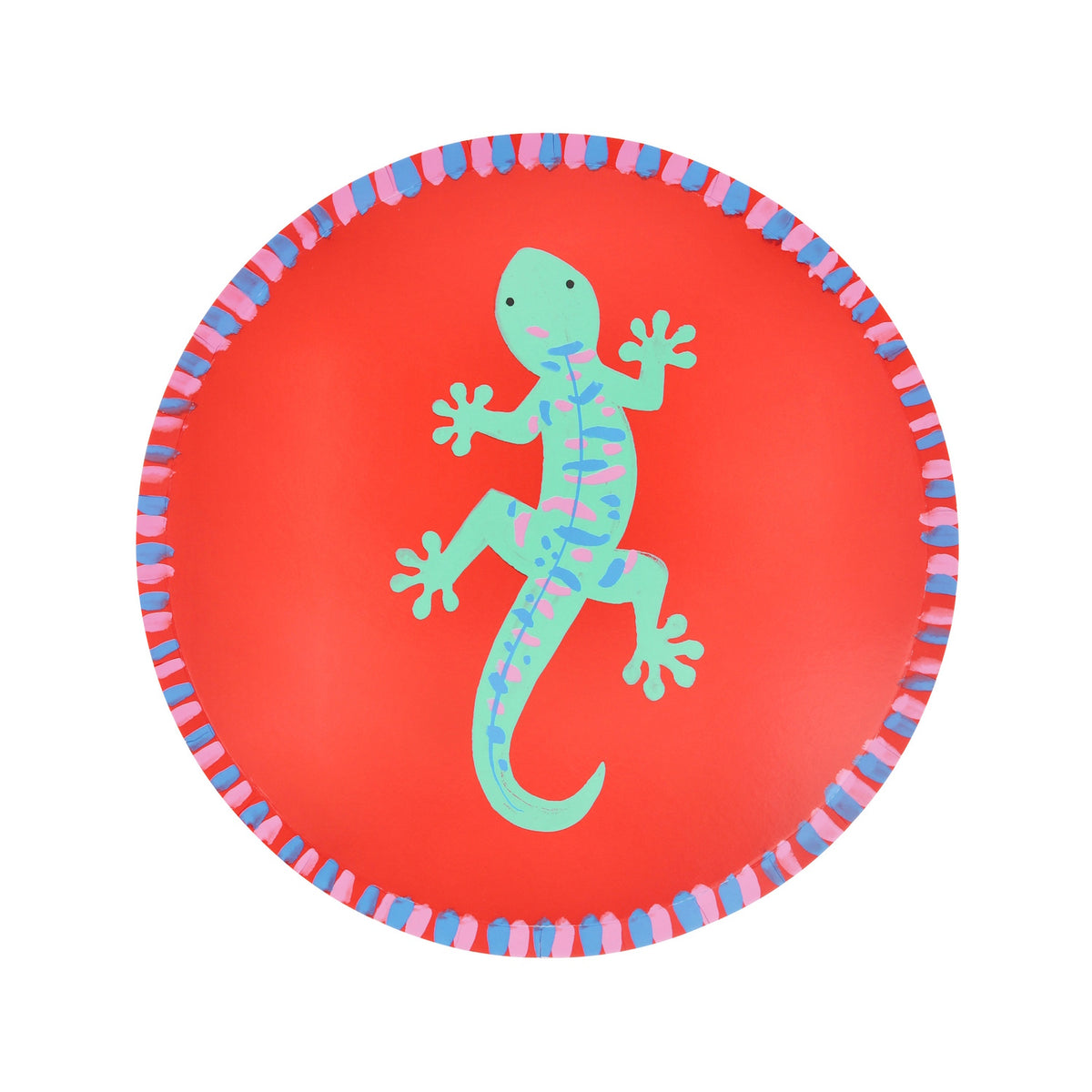 Meri Meri Jungle Jamboree paper side plate featuring a green gecko illustration on a bright red background.