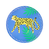 Meri Meri Jungle Jamboree leopard paper party plate with blue background and green palm leaves.