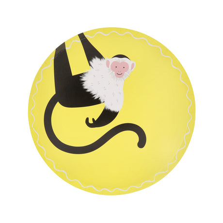 Meri Meri Jungle Jamboree monkey paper plate featuring a black and white monkey on a yellow background.