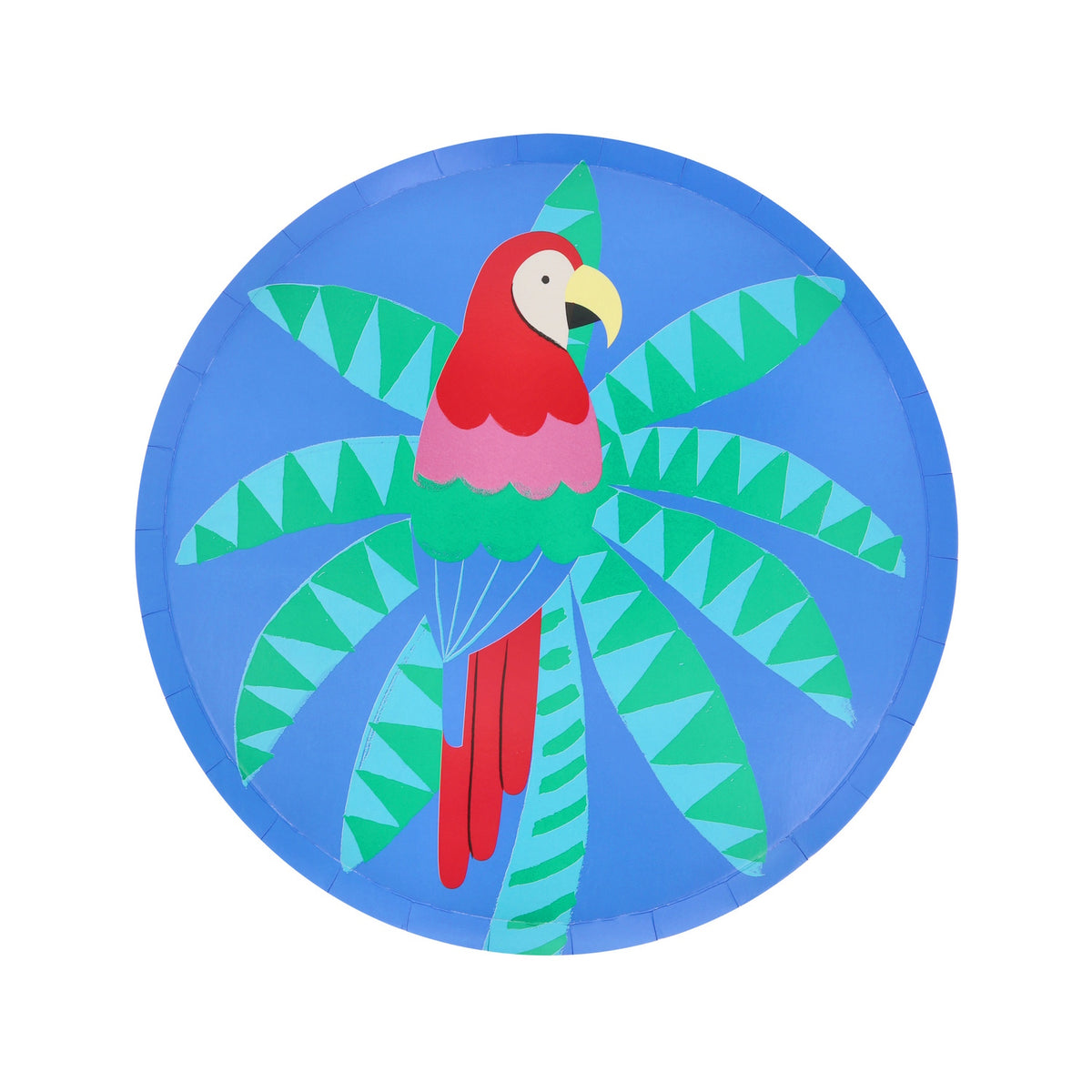 Colorful parrot on blue Meri Meri Jungle Jamboree paper side plate.