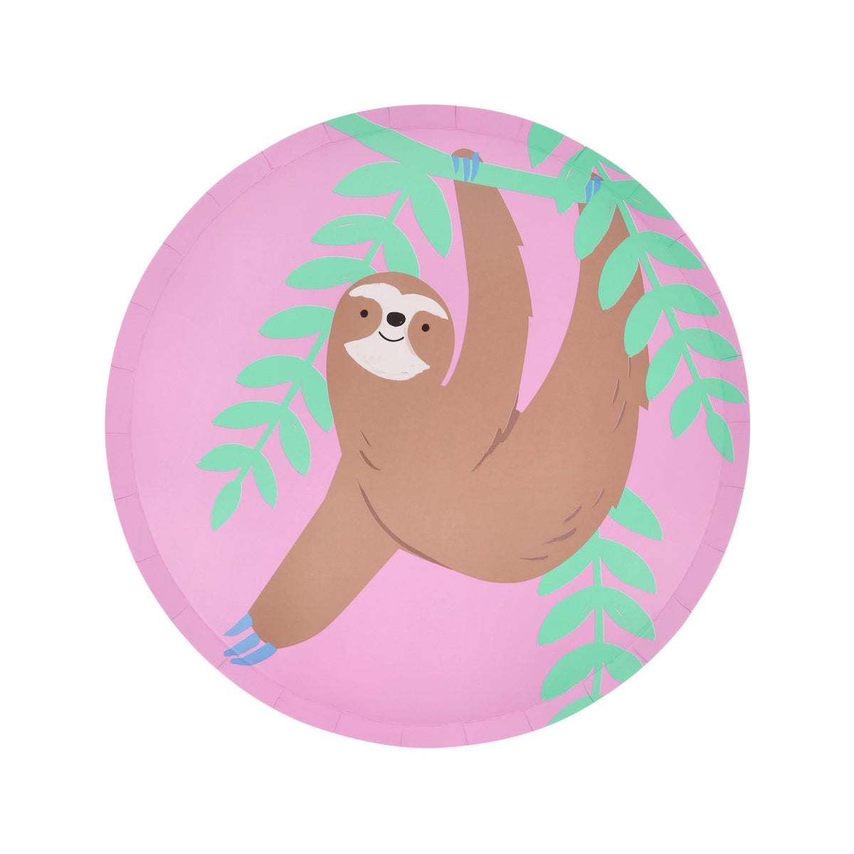Meri Meri Jungle Jamboree sloth paper party plate with pink background and green jungle leaves.