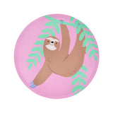 Meri Meri Jungle Jamboree sloth paper party plate with pink background and green jungle leaves.
