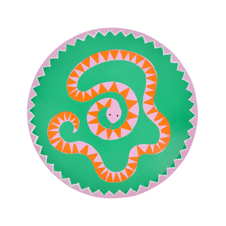 Meri Meri Jungle Jamboree snake paper plate with pink and orange patterned snake on a green background with scalloped edges.