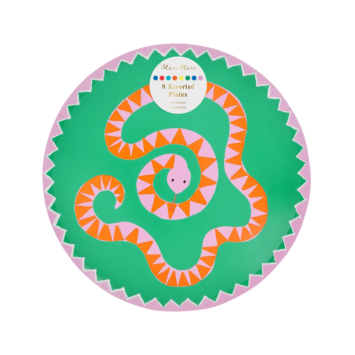Pink and orange snake on green Meri Meri Jungle Jamboree paper side plate for party table decor.
