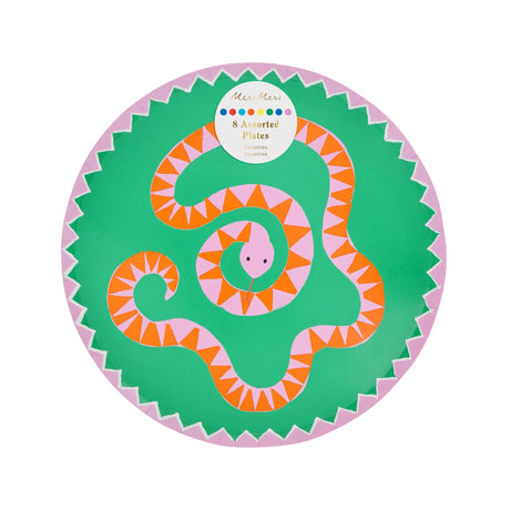 Pink and orange snake on green Meri Meri Jungle Jamboree paper side plate for party table decor.