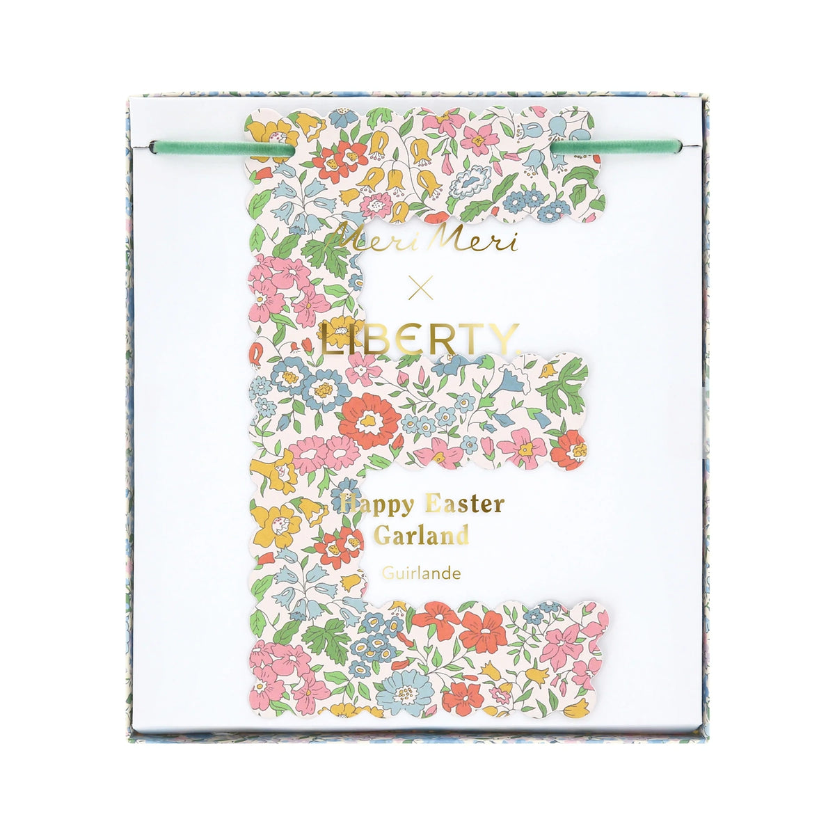 Meri Meri x Liberty Happy Easter Garland packaging featuring a floral print "E" letter for spring party decor.