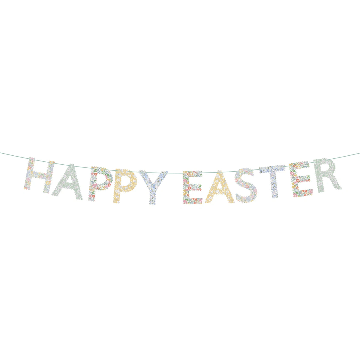 Meri Meri Liberty Happy Easter garland with floral print letters on a mint green string for spring party decor.