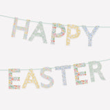 Happy Easter garland with floral print letters on a teal string, perfect for spring party decorations and celebrations.