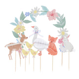 Meri Meri little animals cake toppers featuring a deer, fox, swan, and floral wreath for a woodland themed party.