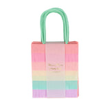 Meri Meri pastel rainbow fringe party bags with mint green handles, set of 8. Ideal for unicorn and meadow themed parties.