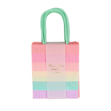 Meri Meri pastel rainbow fringe party bags with mint green handles, set of 8. Ideal for unicorn and meadow themed parties.