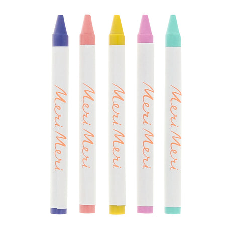 Five Meri Meri crayons in blue, peach, yellow, pink, and mint green colors for creative mermaid coloring activities.