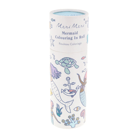 Meri Meri mermaid coloring in roll for kids, featuring ocean illustrations like mermaids, turtles, and anchors on a tube.