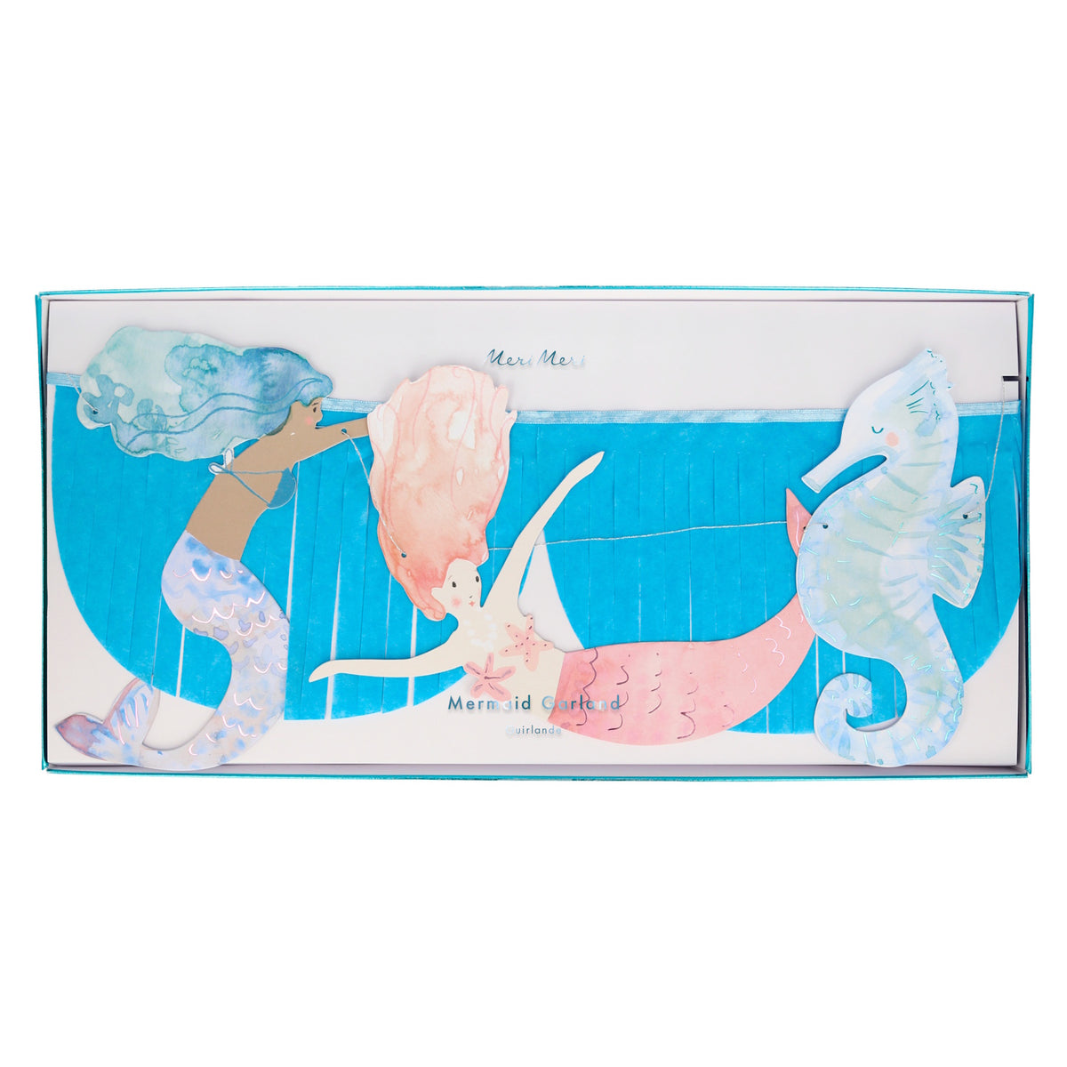 Meri Meri Mermaid Fringe Garland featuring two mermaids and a seahorse with blue tissue paper fringe for party decor.