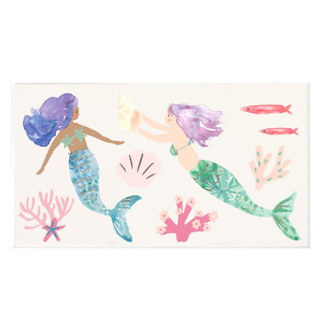 Watercolor mermaid temporary tattoos with colorful coral, seashells, and fish. Ideal for under the sea party favors.