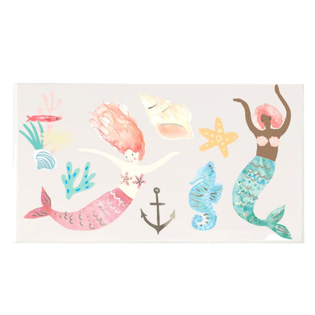 Watercolor mermaid temporary tattoos featuring pink and teal mermaids, a seahorse, shells, and an anchor for ocean parties.