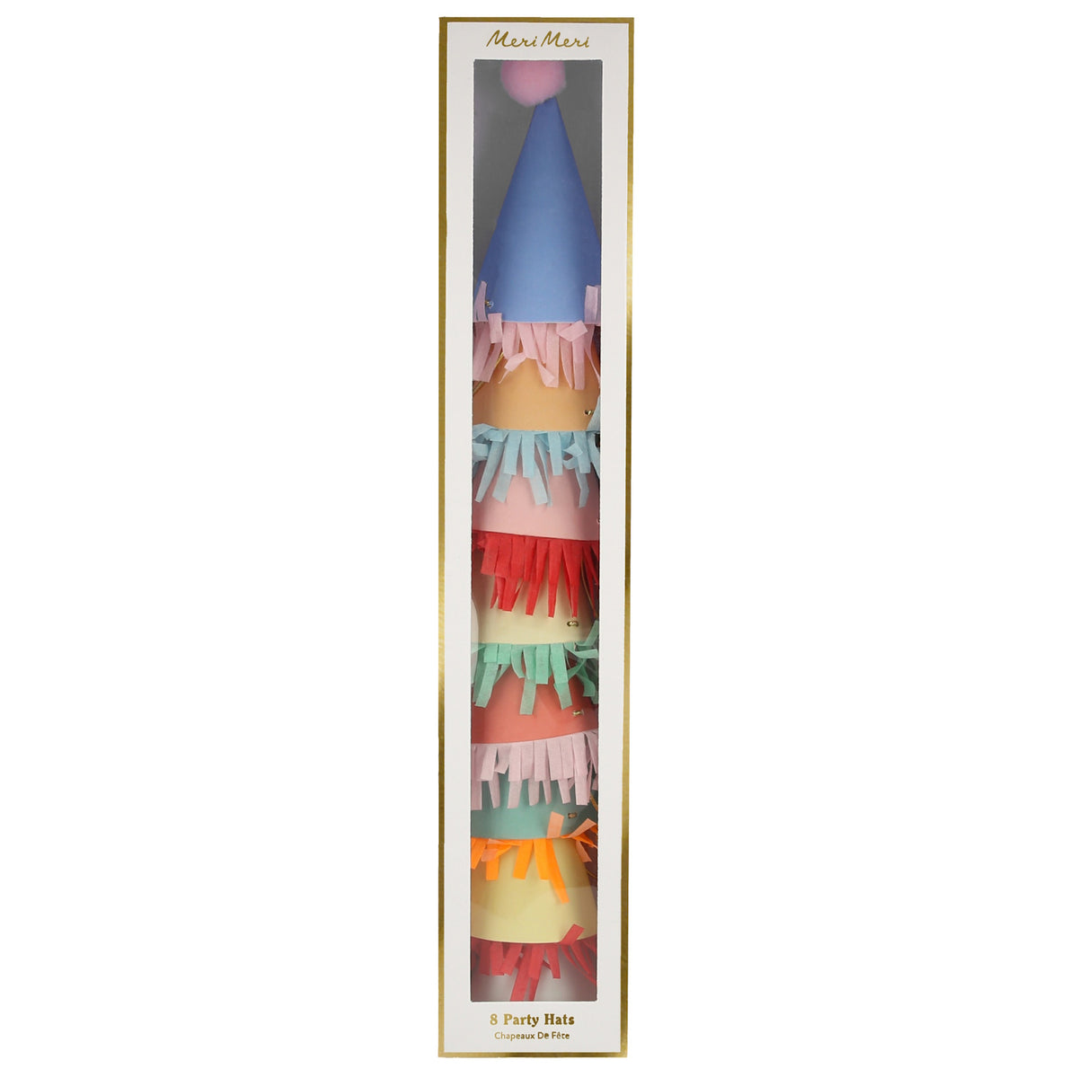 Meri Meri set of 8 colorful mini party hats with pom-poms and fringe trim in a vertical window gift box.