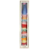 Meri Meri set of 8 colorful mini party hats with pom-poms and fringe trim in a vertical window gift box.