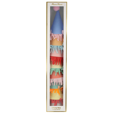 Meri Meri set of 8 colorful mini party hats with pom-poms and fringe trim in a vertical window gift box.
