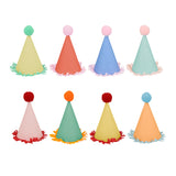 Set of 8 colorful mini party hats with pom-poms and fringe trim, perfect for birthdays and celebrations.
