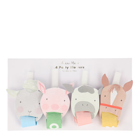 Meri Meri farm animal party blowers featuring a sheep, pig, cow, and horse. Perfect for a kids' farm-themed birthday.
