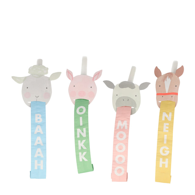 Farm animal party blowers featuring a sheep, pig, cow, and horse with colorful "noisy" paper tongues for kids' parties.