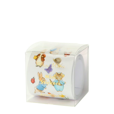 Meri Meri Peter Rabbit and Friends mini stickers in a clear box featuring Peter Rabbit, Tom Kitten, and garden insects.