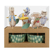 Meri Meri Peter Rabbit in the Garden cupcake kit featuring character toppers and green gingham liners in a craft box.