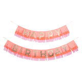 Meri Meri pink fringe Happy Birthday garland set with gold glitter letters. Perfect party decoration for celebrations.