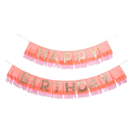 Meri Meri pink fringe Happy Birthday garland set with gold glitter letters. Perfect party decoration for celebrations.