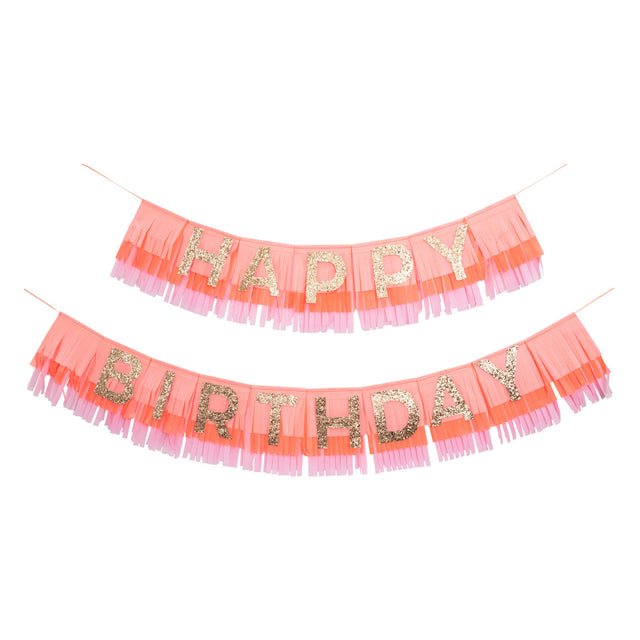 Meri Meri pink fringe Happy Birthday garland set with gold glitter letters. Perfect party decoration for celebrations.