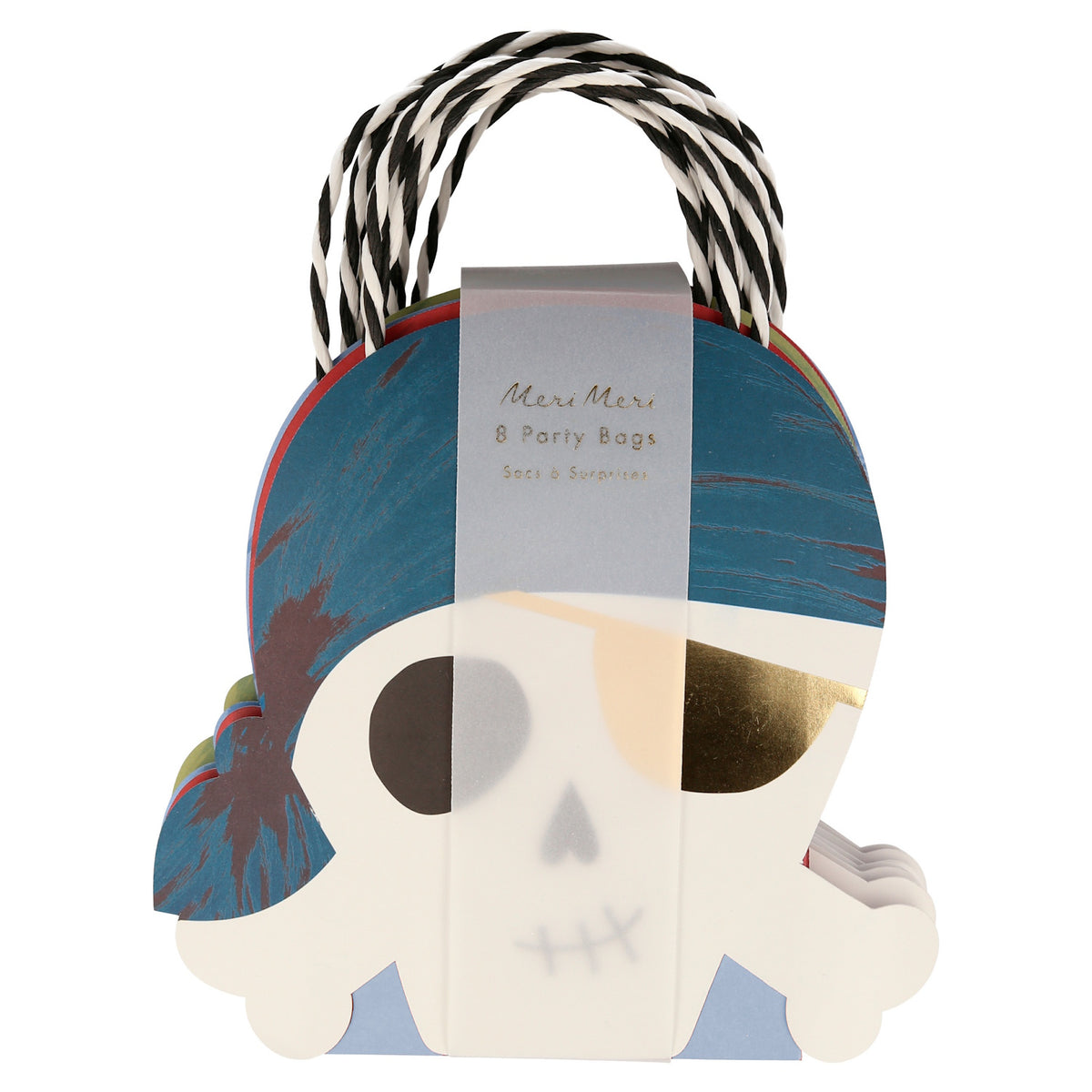 Meri Meri pirate party bags featuring a skull with a gold eyepatch, blue bandana, and black and white striped handles.