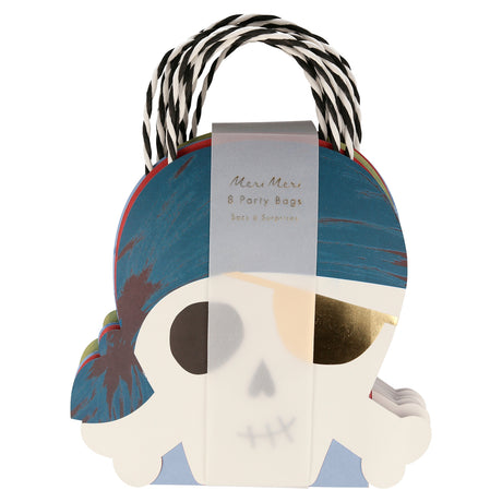 Meri Meri pirate party bags featuring a skull with a gold eyepatch, blue bandana, and black and white striped handles.