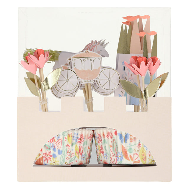 Princess cupcake kit with floral liners and castle, unicorn, and carriage toppers for a magical themed birthday party.