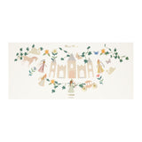 Meri Meri princess party garland featuring a paper castle, princesses, unicorns, and flowers on a decorative vine.