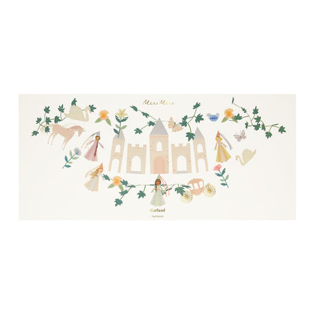 Meri Meri princess party garland featuring a paper castle, princesses, unicorns, and flowers on a decorative vine.