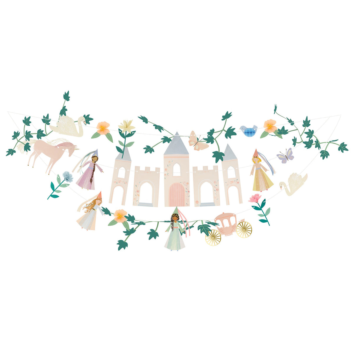 Princess party garland with castle, unicorns, swans, and flowers for whimsical children's birthday decorations.
